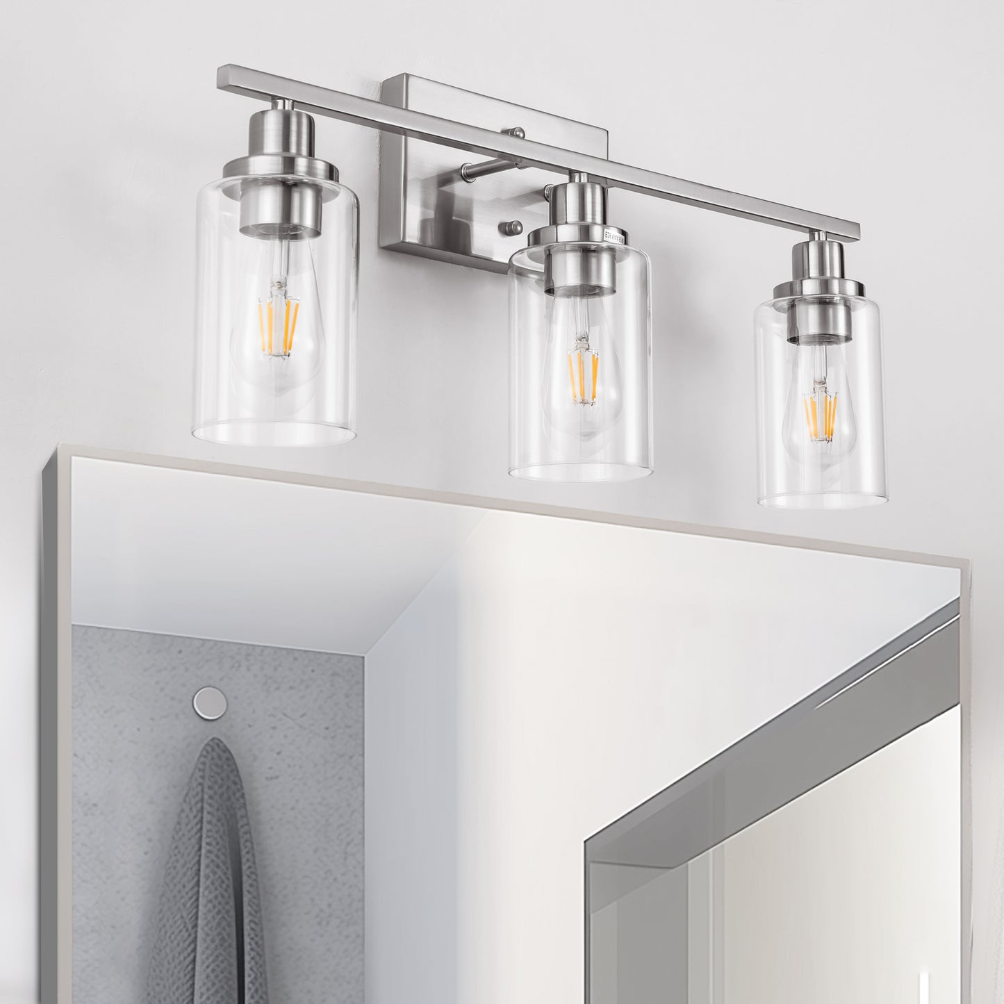 24 in. 3-Light Industrial Brushed Nickel Vanity Light Fixtures for Bathroom with Clear Glass Shades