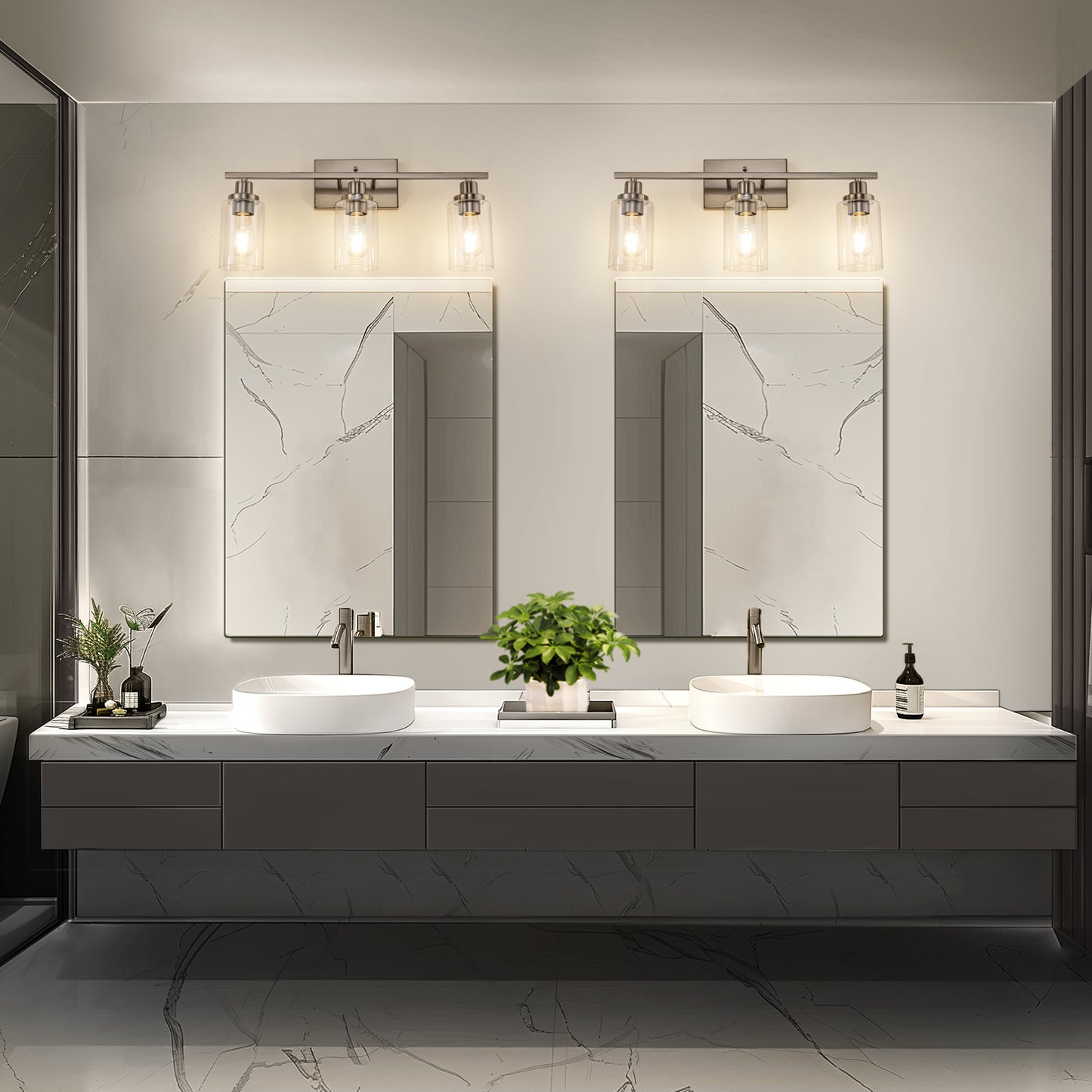 24 in. 3-Light Industrial Brushed Nickel Vanity Light Fixtures for Bathroom with Clear Glass Shades