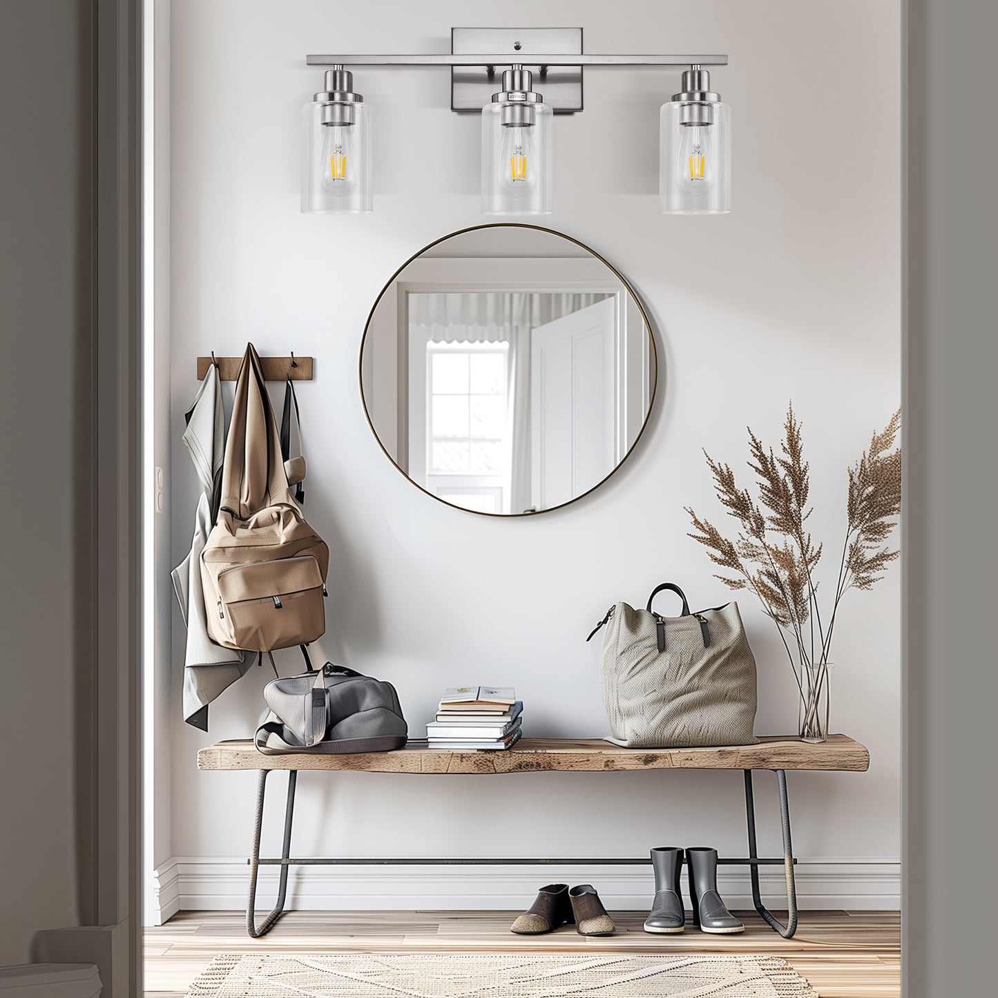 24 in. 3-Light Industrial Brushed Nickel Vanity Light Fixtures for Bathroom with Clear Glass Shades