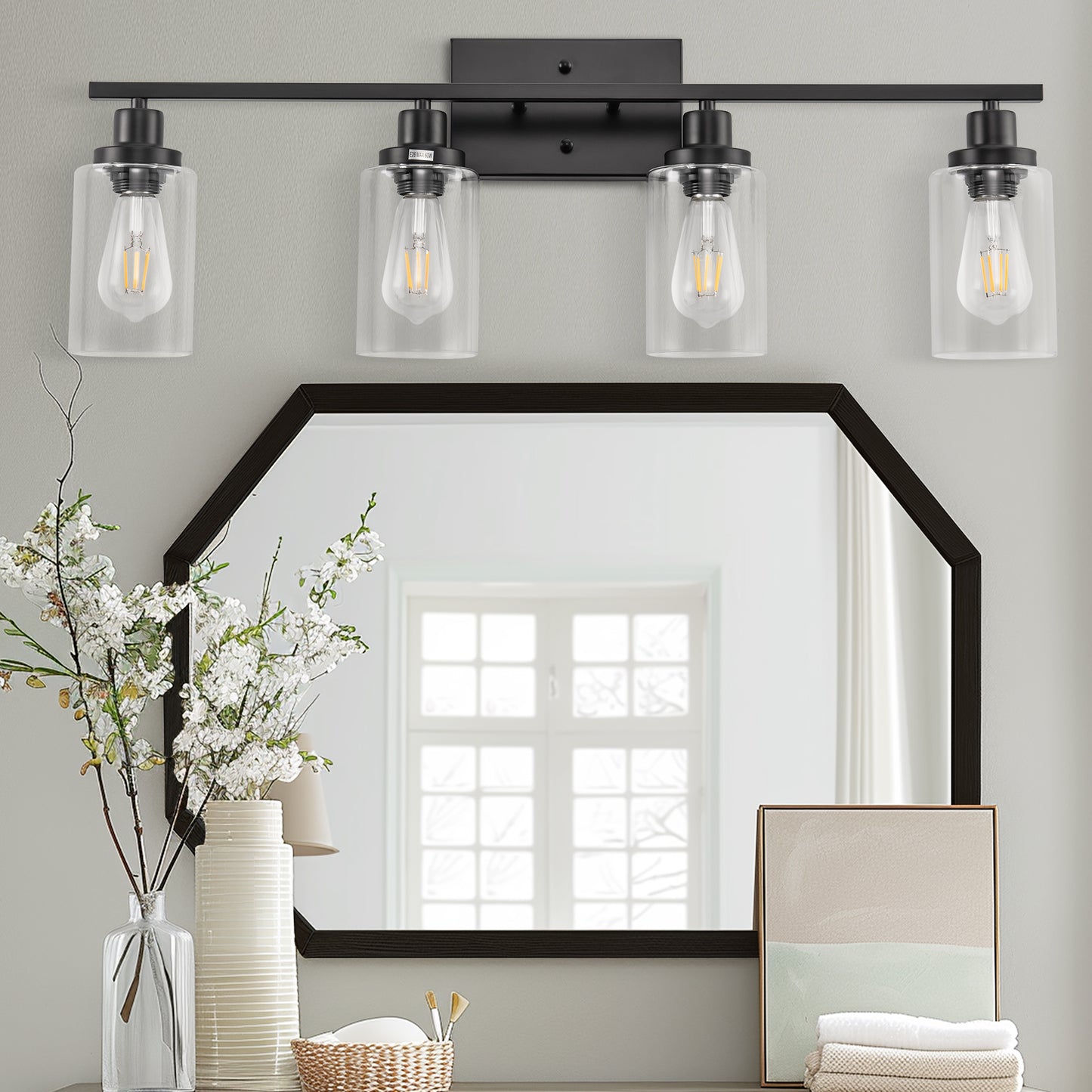 32 in. 4-Light Industrial Matte Black Vanity Light Fixtures for Bathroom with Clear Glass Shades
