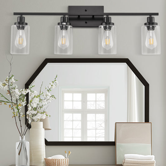 32 in. 4-Light Industrial Matte Black Vanity Light Fixtures for Bathroom with Clear Glass Shades