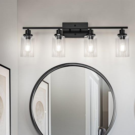 32 in. 4-Light Industrial Matte Black Vanity Light Fixtures for Bathroom with Clear Glass Shades