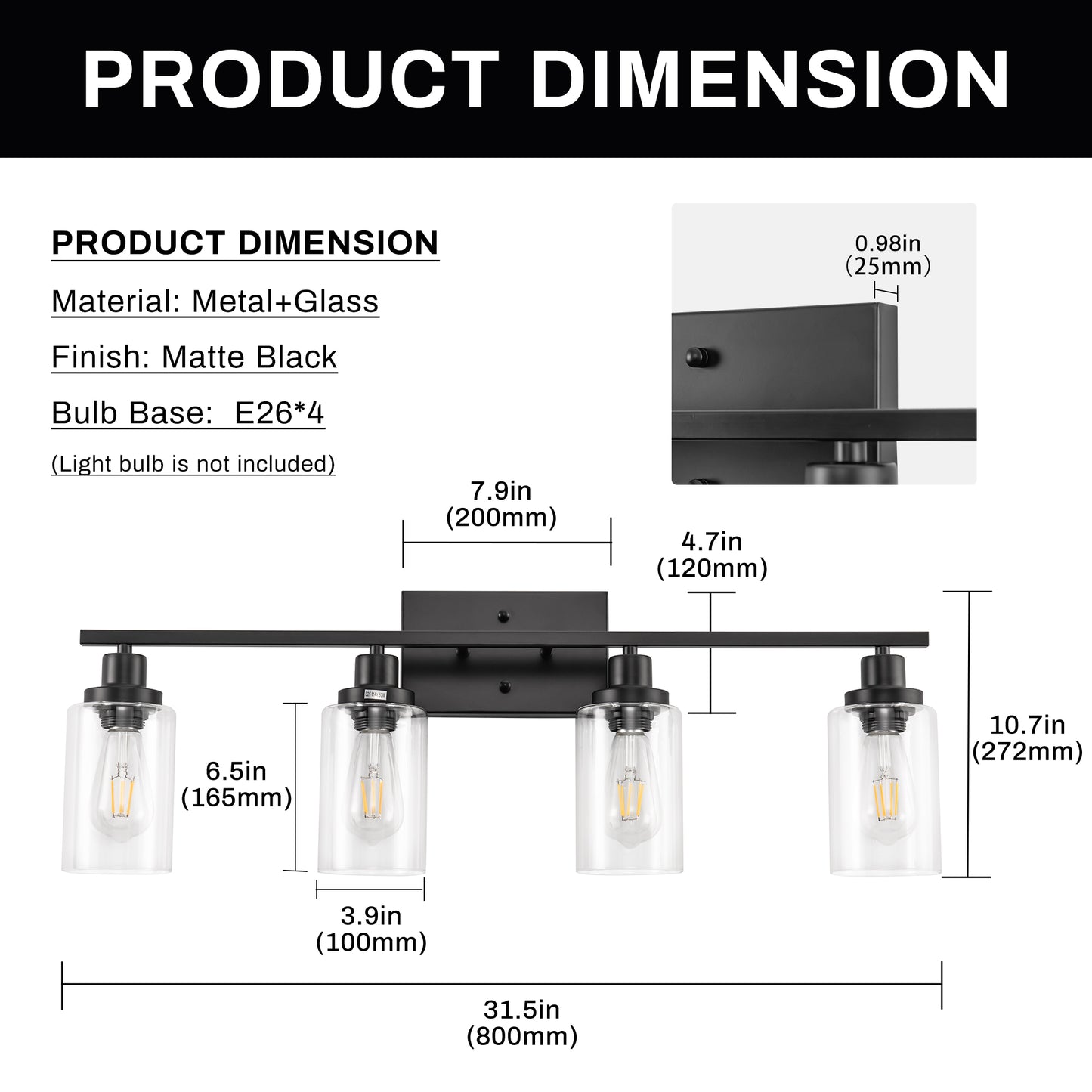 32 in. 4-Light Industrial Matte Black Vanity Light Fixtures for Bathroom with Clear Glass Shades