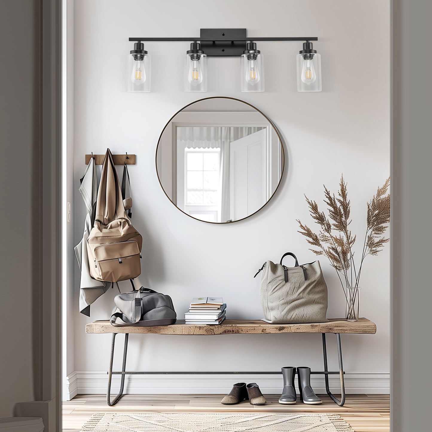 32 in. 4-Light Industrial Matte Black Vanity Light Fixtures for Bathroom with Clear Glass Shades