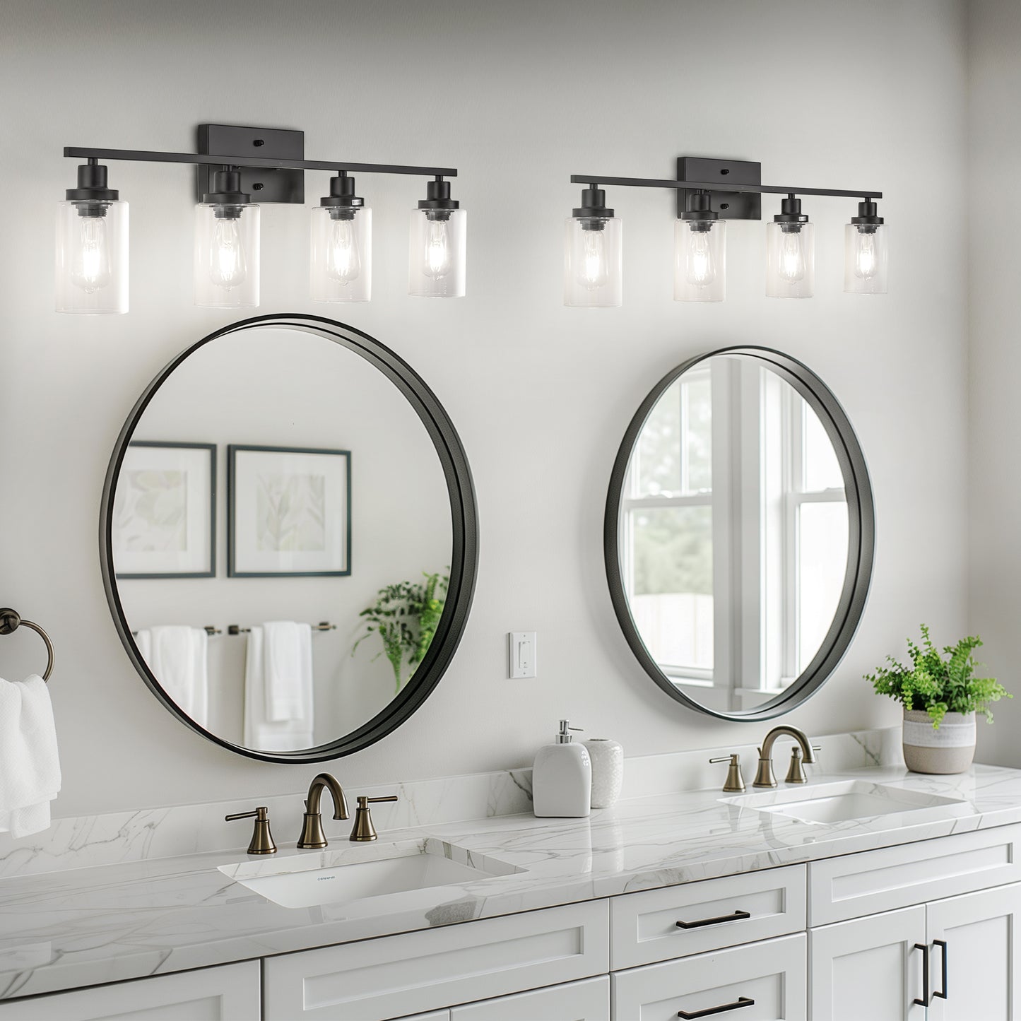 32 in. 4-Light Industrial Matte Black Vanity Light Fixtures for Bathroom with Clear Glass Shades