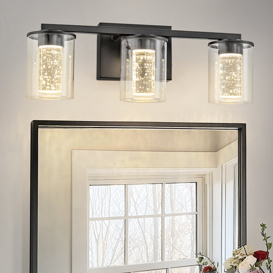 18 in. Modern 3-Light Black Crystal LED Vanity Light with Clear Glass Shades, Dimmable Lighting