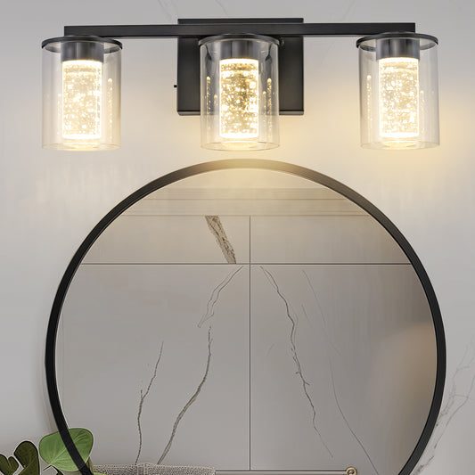 18 in. Modern 3-Light Black Crystal LED Vanity Light with Clear Glass Shades, Dimmable Lighting