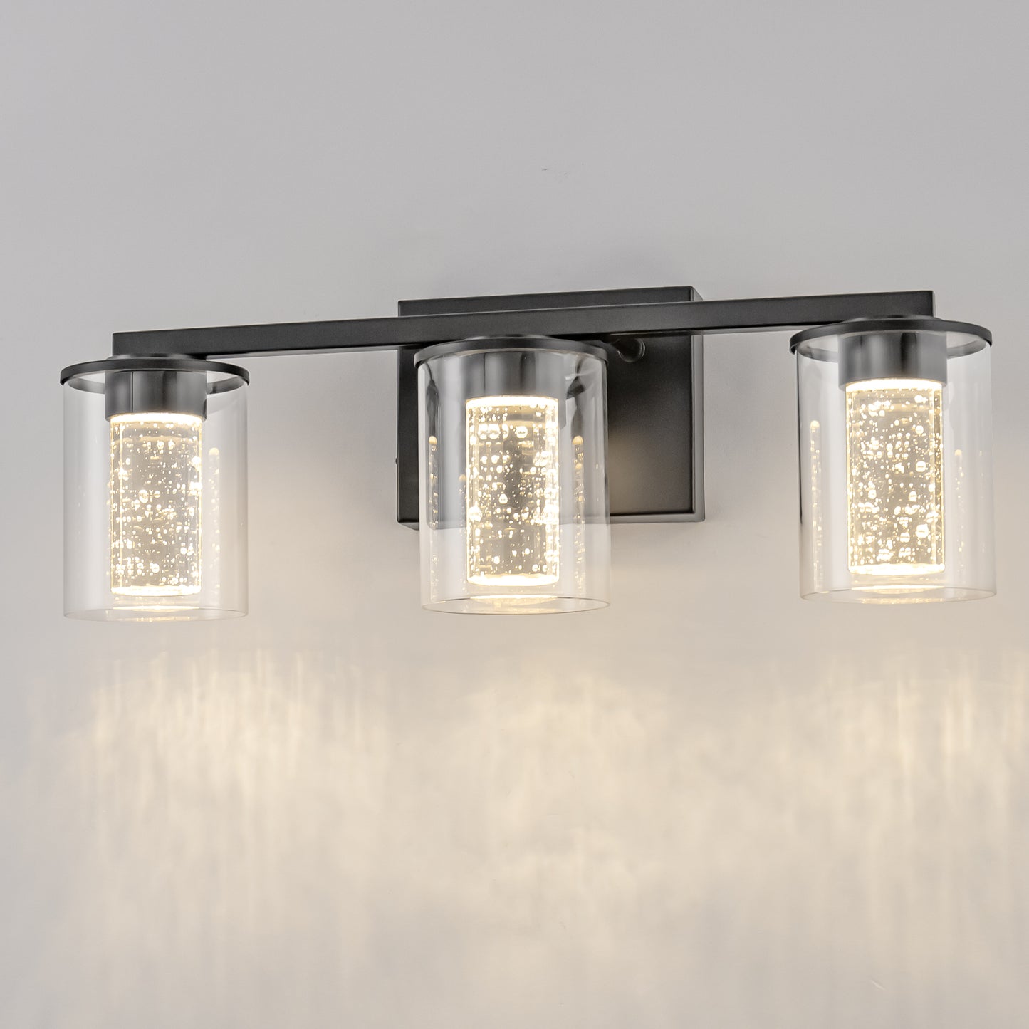 18 in. Modern 3-Light Black Crystal LED Vanity Light with Clear Glass Shades, Dimmable Lighting