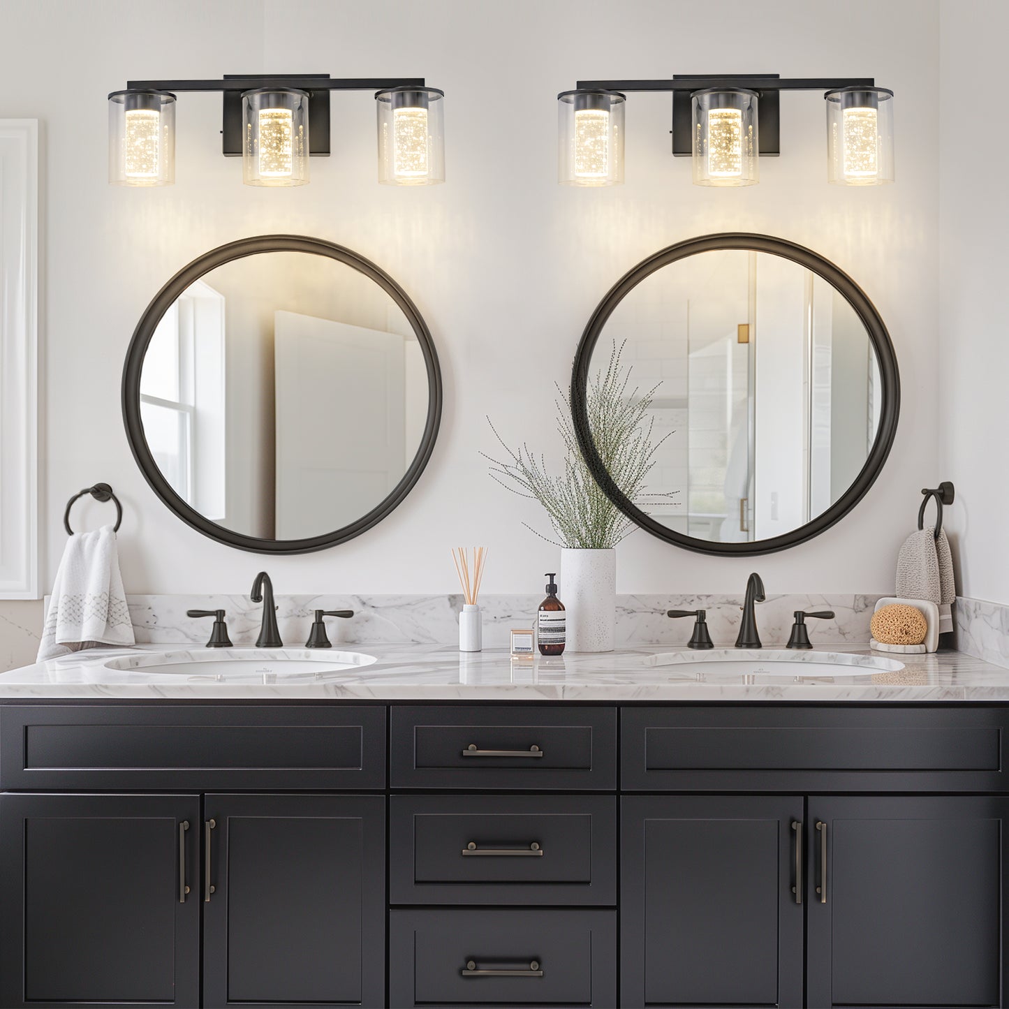18 in. Modern 3-Light Black Crystal LED Vanity Light with Clear Glass Shades, Dimmable Lighting