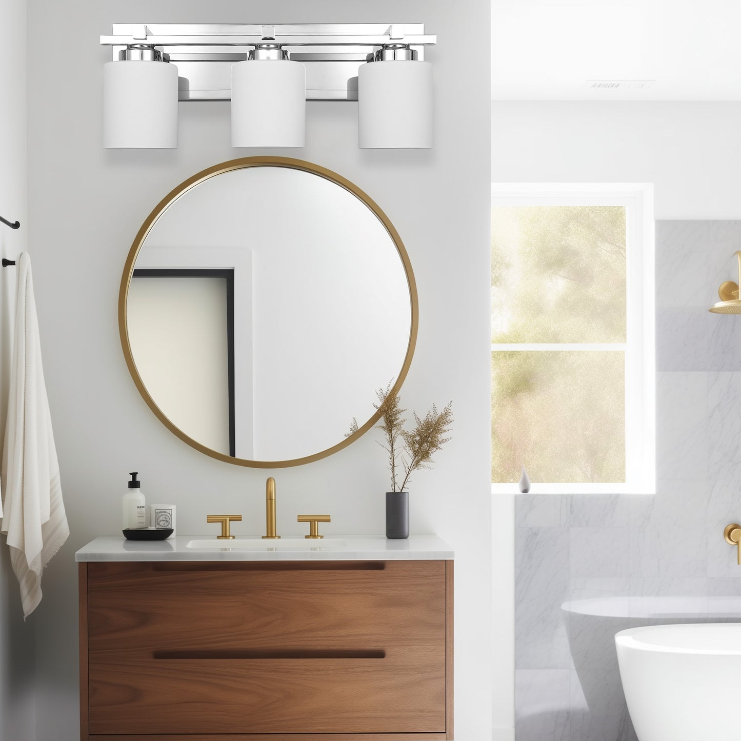 22 in. 3-Light Chrome Bathroom Vanity Light with Milk White Glass Shades for Mirror