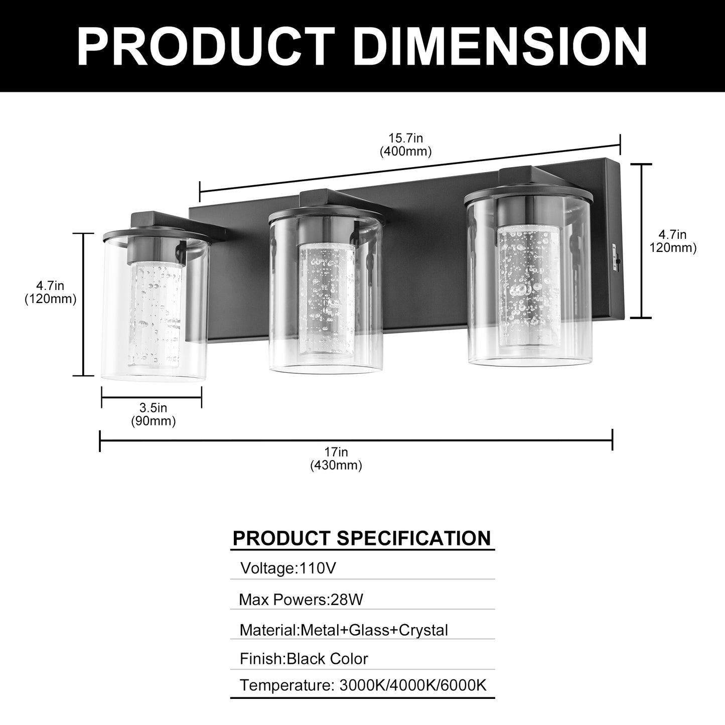17 in. 3-Light Integrated LED Bathroom Black Vanity Light with Crystal Accents, Dimmable and Adjustable Lighting