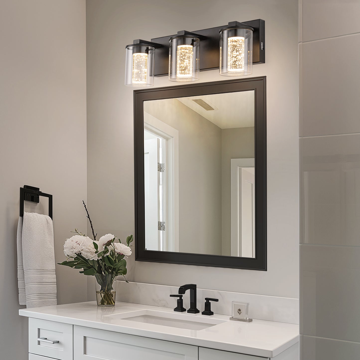 17 in. 3-Light Integrated LED Bathroom Black Vanity Light with Crystal Accents, Dimmable and Adjustable Lighting