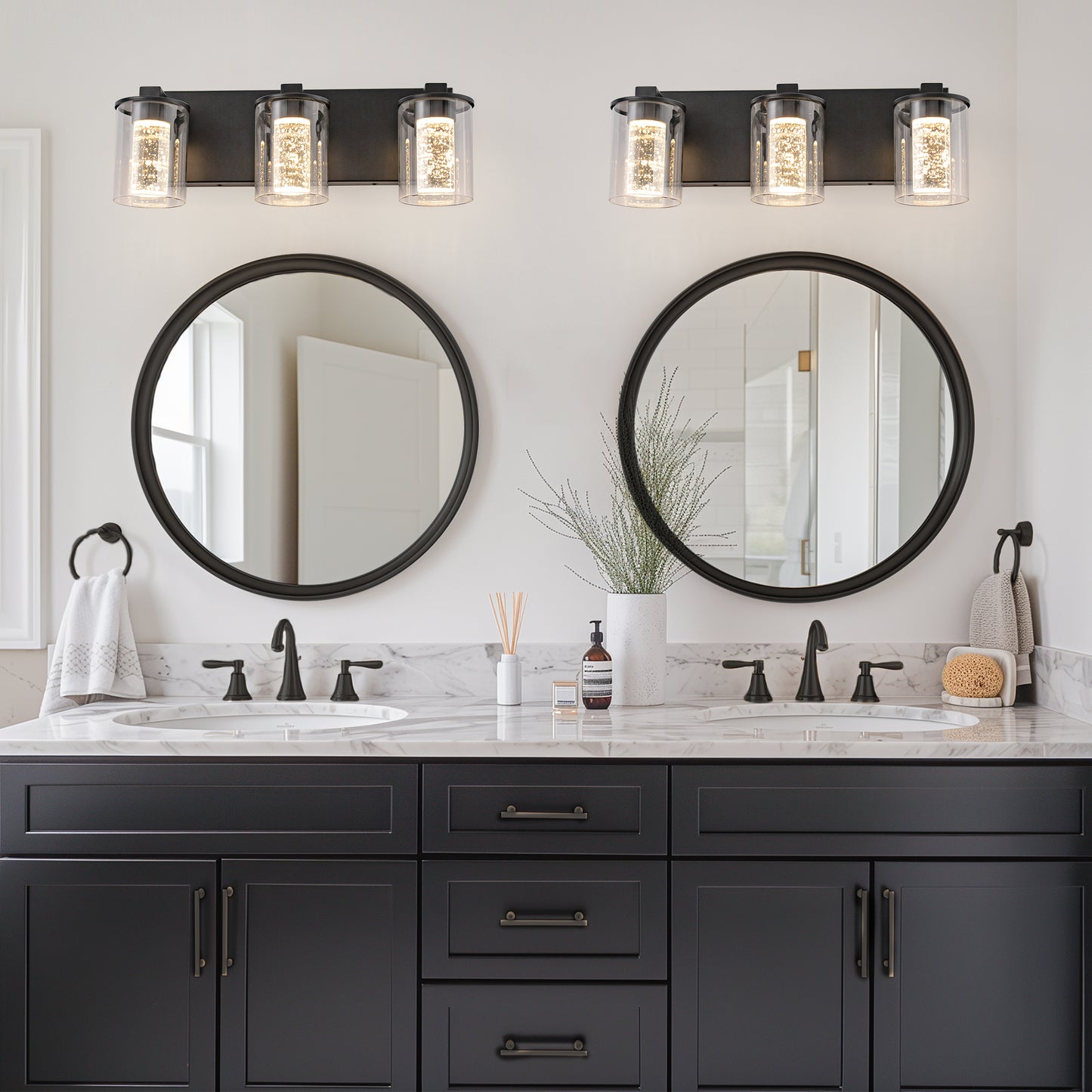 17 in. 3-Light Integrated LED Bathroom Black Vanity Light with Crystal Accents, Dimmable and Adjustable Lighting