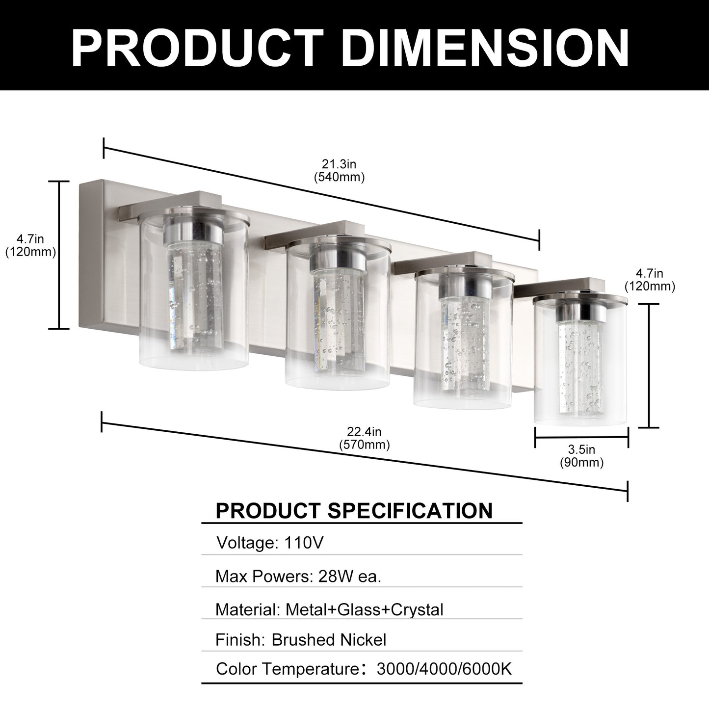 24 in. 4-Light Brushed Nickel Integrated LED Bathroom Vanity Light Fixture Dimmable with White/Neutral/Warm Light