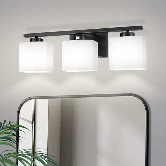 22 in. 3 Light Matte Black Modern Square Vanity Light for Bathroom, Bedroom, Living Roomwith Milk White Shades