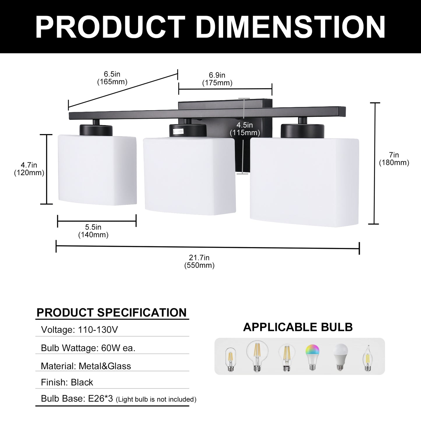 22 in. 3 Light Matte Black Modern Square Vanity Light for Bathroom, Bedroom, Living Roomwith Milk White Shades