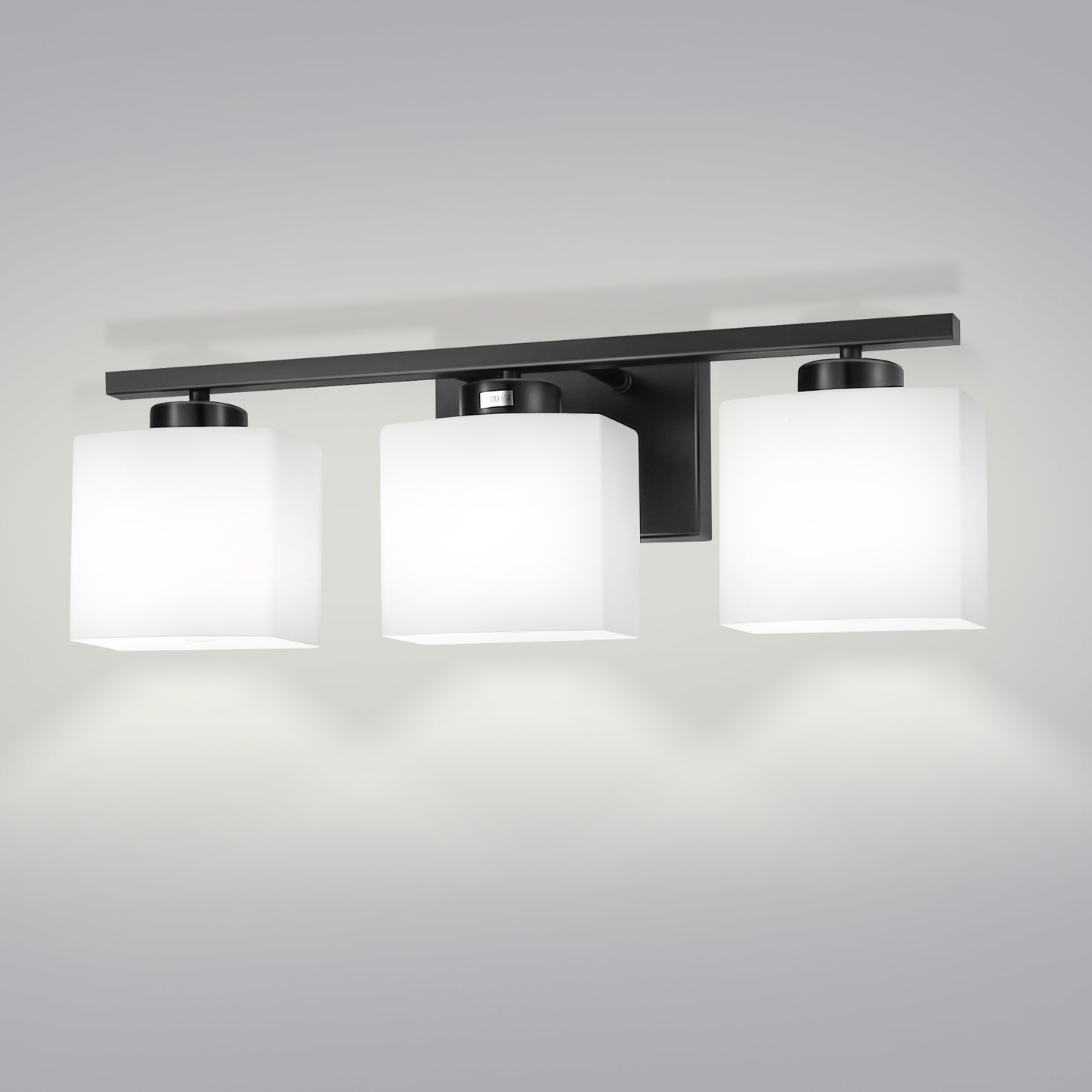 22 in. 3 Light Matte Black Modern Square Vanity Light for Bathroom, Bedroom, Living Roomwith Milk White Shades