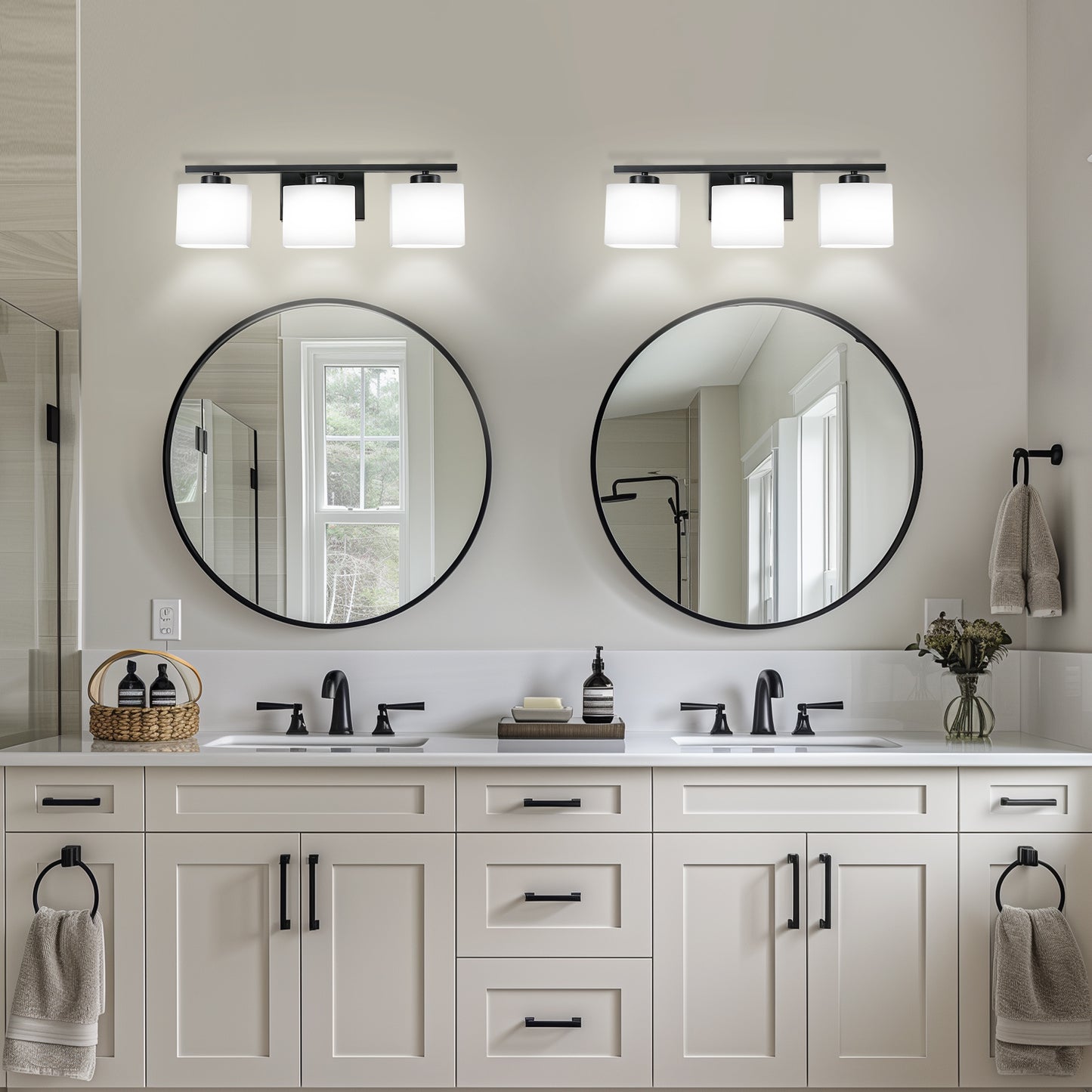 22 in. 3 Light Matte Black Modern Square Vanity Light for Bathroom, Bedroom, Living Roomwith Milk White Shades
