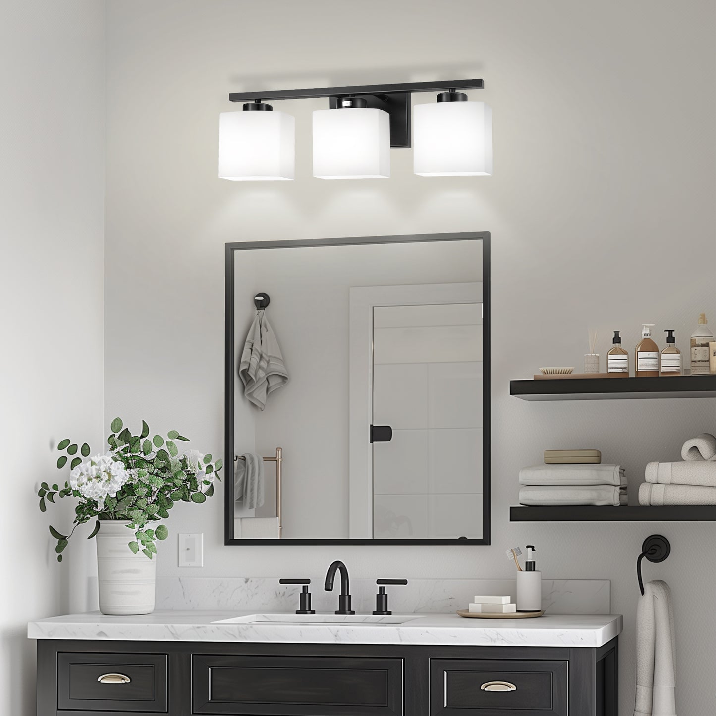 22 in. 3 Light Matte Black Modern Square Vanity Light for Bathroom, Bedroom, Living Roomwith Milk White Shades