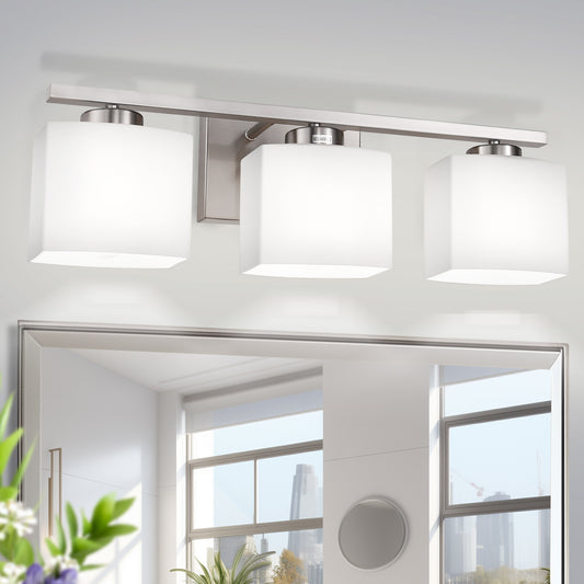 22 in. 3 Light Nickel Modern Square Vanity Light for Bathroom, Bedroom, Hallway with Milk White Glass Shades
