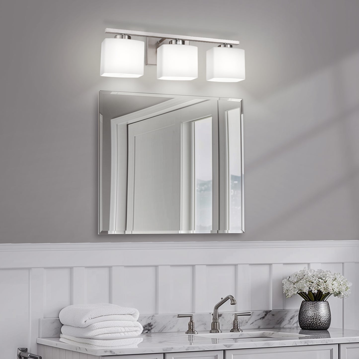 22 in. 3 Light Nickel Modern Square Vanity Light for Bathroom, Bedroom, Hallway with Milk White Glass Shades