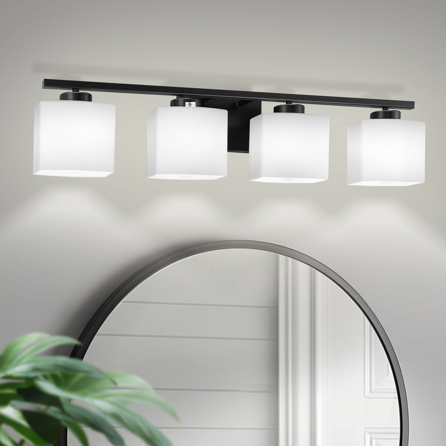 31 in. 4 Light Matte Black Modern Square Vanity Light for Bathroom, Bedroom, Hallway with Milk White Glass Shades