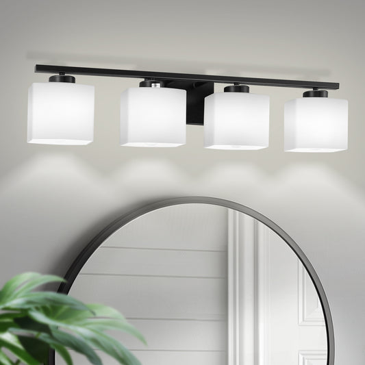 31 in. 4 Light Matte Black Modern Square Vanity Light for Bathroom, Bedroom, Hallway with Milk White Glass Shades