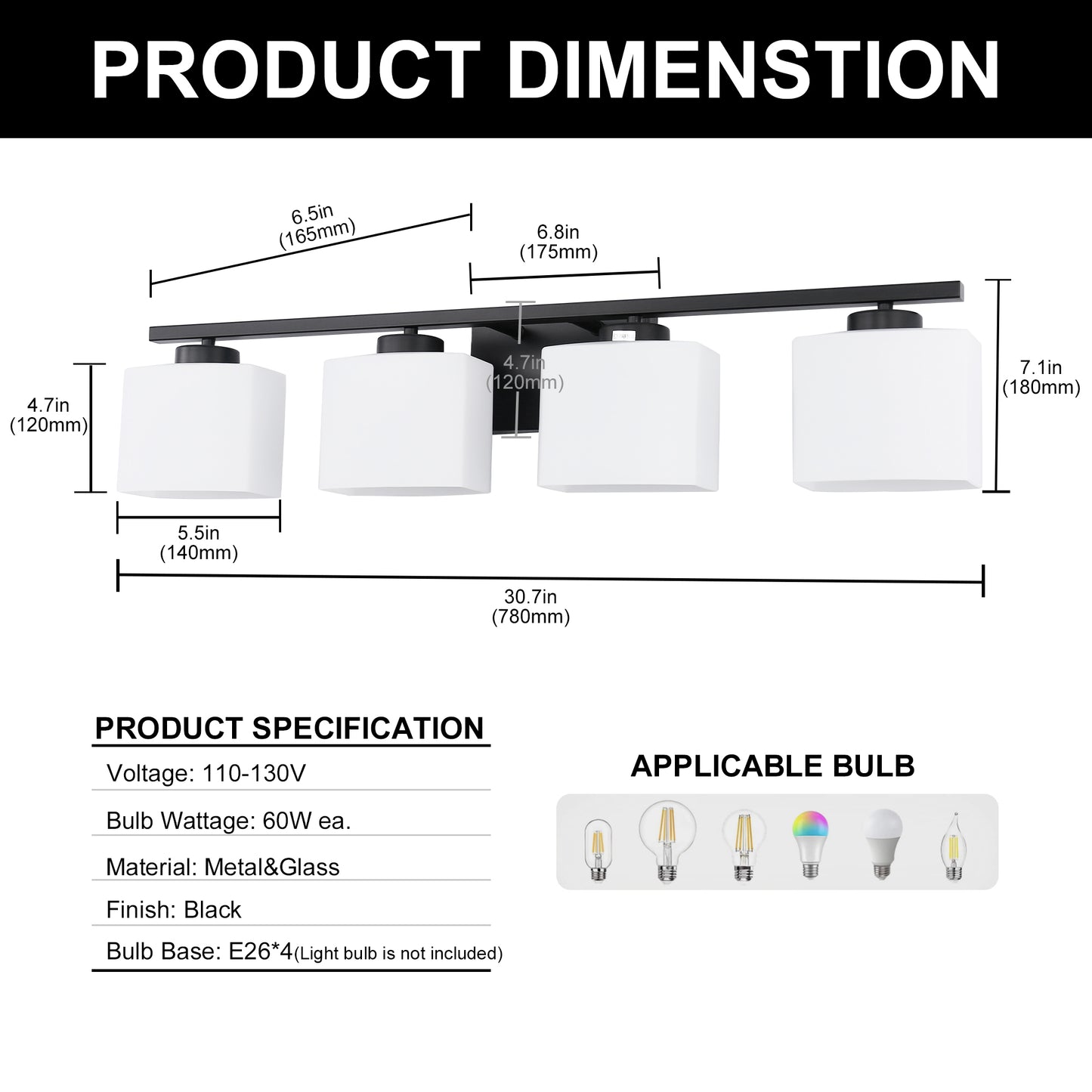 31 in. 4 Light Matte Black Modern Square Vanity Light for Bathroom, Bedroom, Hallway with Milk White Glass Shades