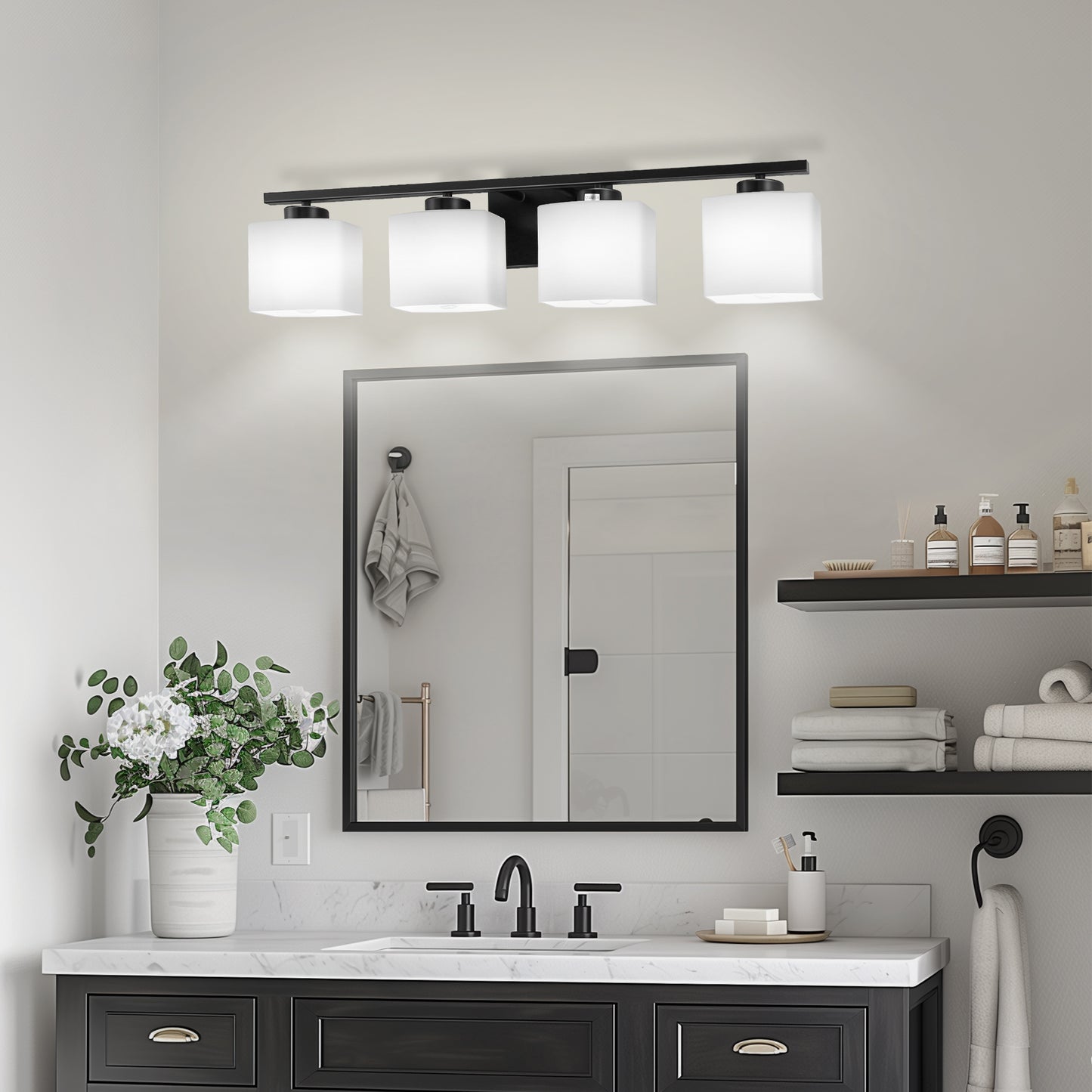 31 in. 4 Light Matte Black Modern Square Vanity Light for Bathroom, Bedroom, Hallway with Milk White Glass Shades