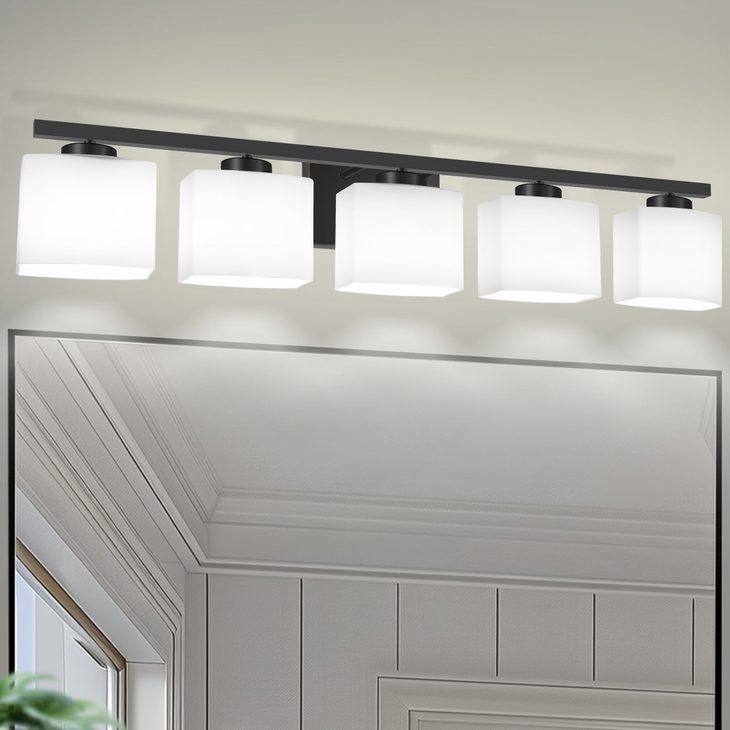 40 in. 5 Light Matte Black Modern Square Vanity Light with Milk White Glass Shades for Large Mirror in Bathroom