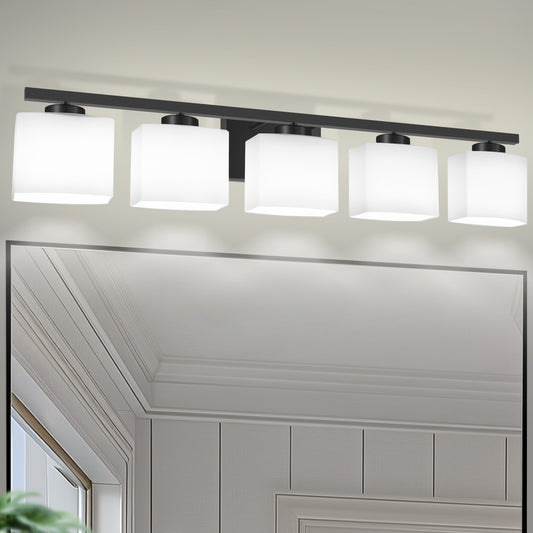 40 in. 5 Light Matte Black Modern Square Vanity Light with Milk White Glass Shades for Large Mirror in Bathroom