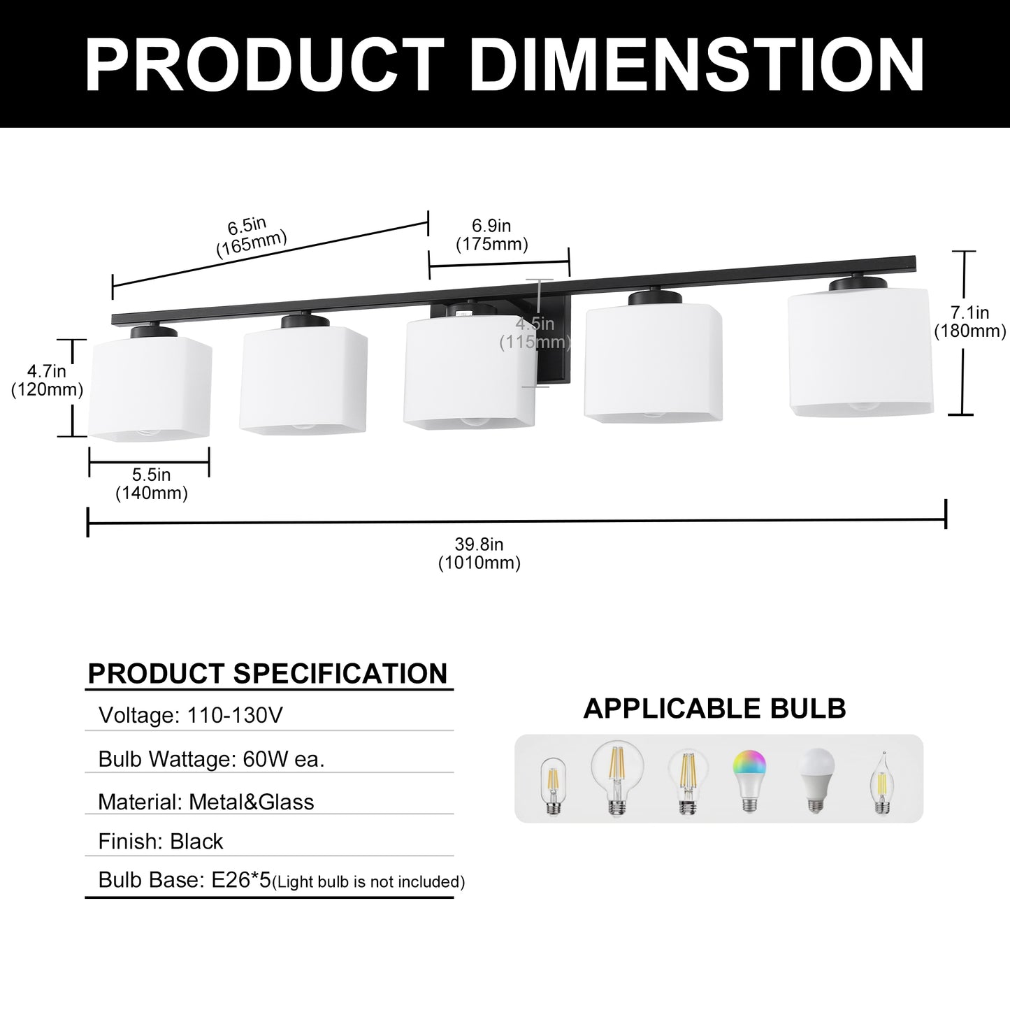 40 in. 5 Light Matte Black Modern Square Vanity Light with Milk White Glass Shades for Large Mirror in Bathroom