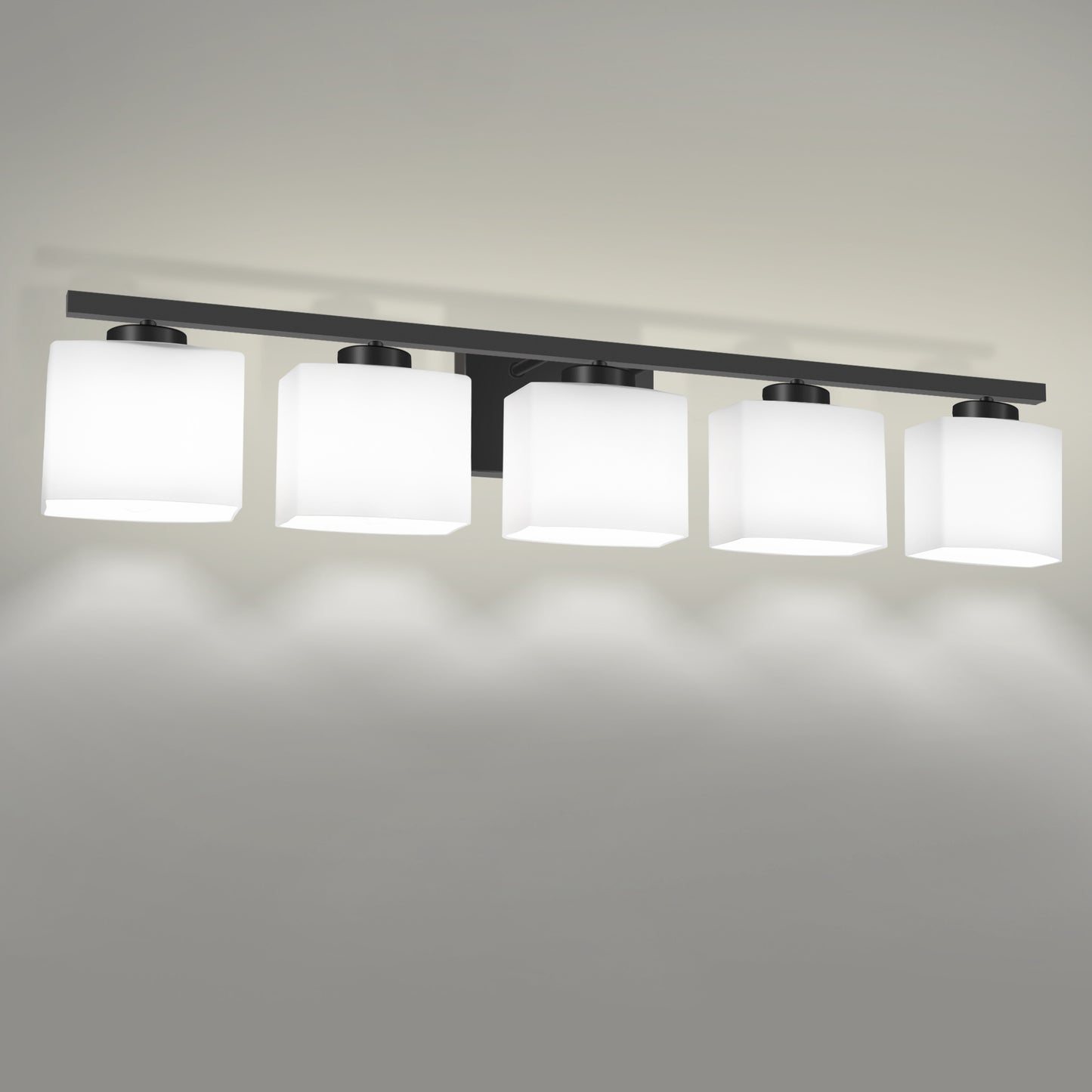 40 in. 5 Light Matte Black Modern Square Vanity Light with Milk White Glass Shades for Large Mirror in Bathroom