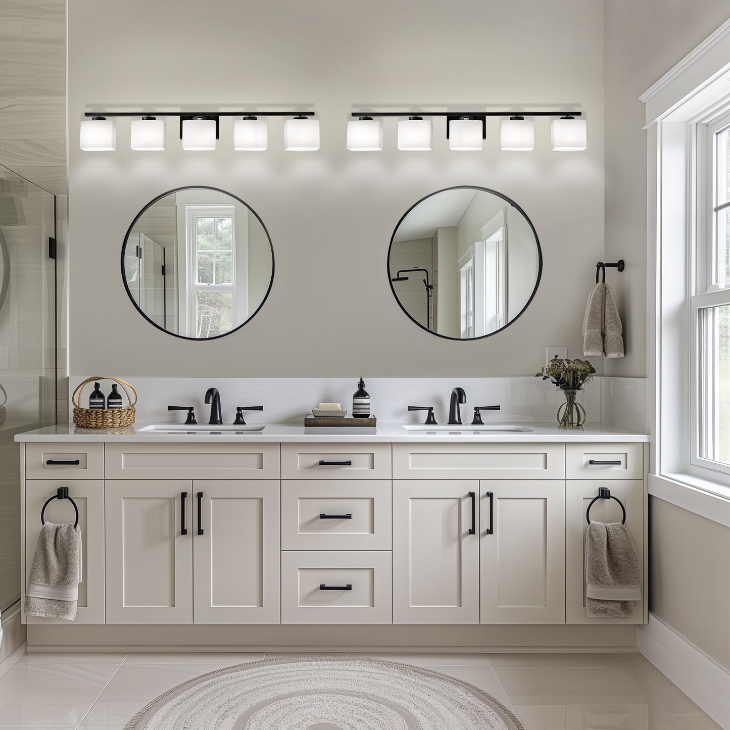 40 in. 5 Light Matte Black Modern Square Vanity Light with Milk White Glass Shades for Large Mirror in Bathroom