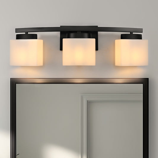 24 in. 3 Light Matte Black Modern Industrial Square Vanity Light for Bathroom with Curved Arms and Milk White Shades