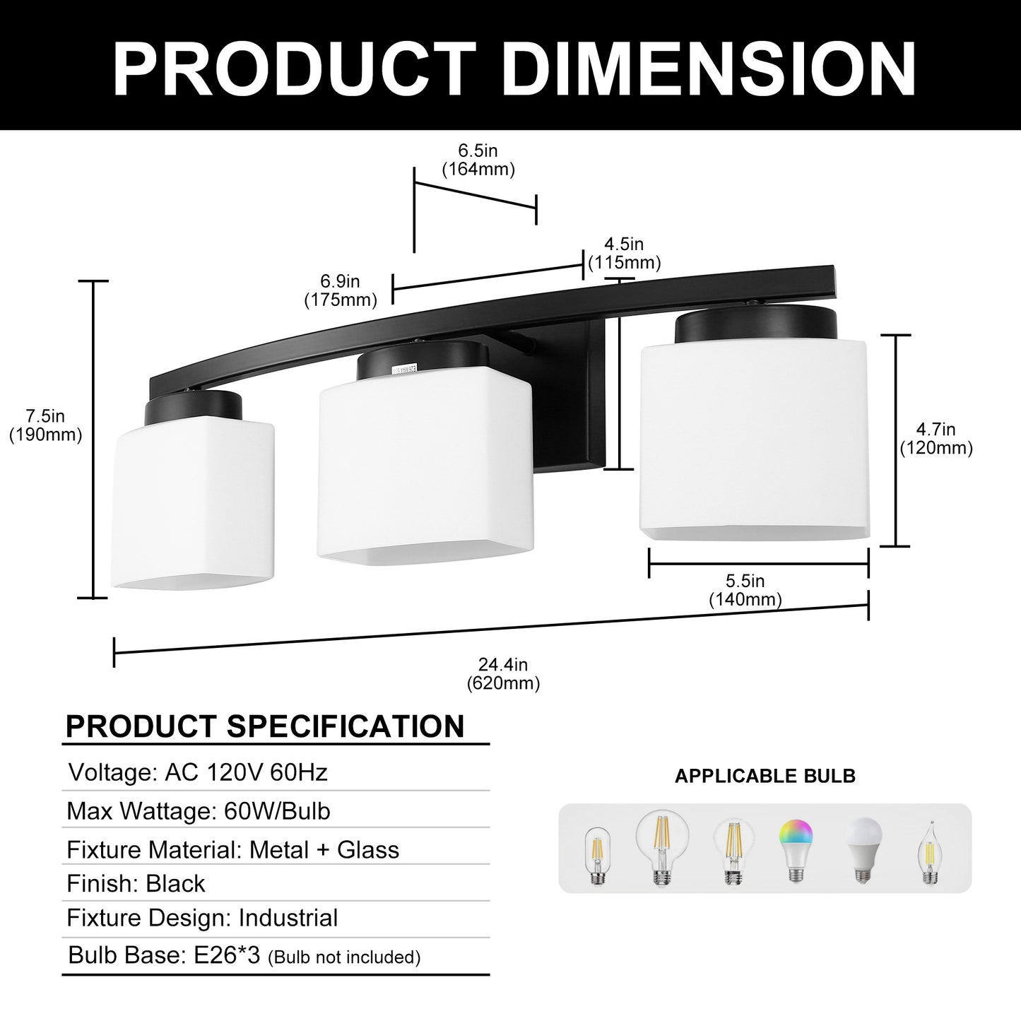 24 in. 3 Light Matte Black Modern Industrial Square Vanity Light for Bathroom with Curved Arms and Milk White Shades