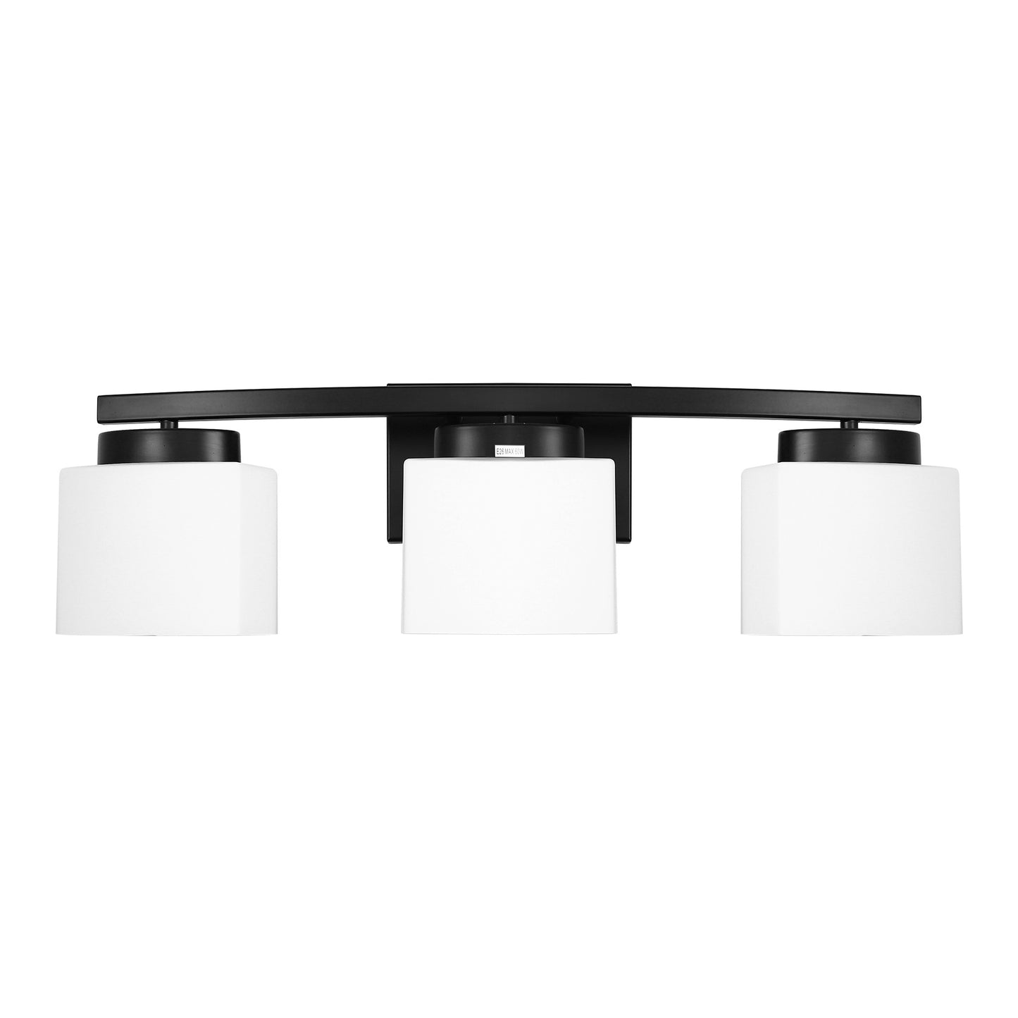 24 in. 3 Light Matte Black Modern Industrial Square Vanity Light for Bathroom with Curved Arms and Milk White Shades