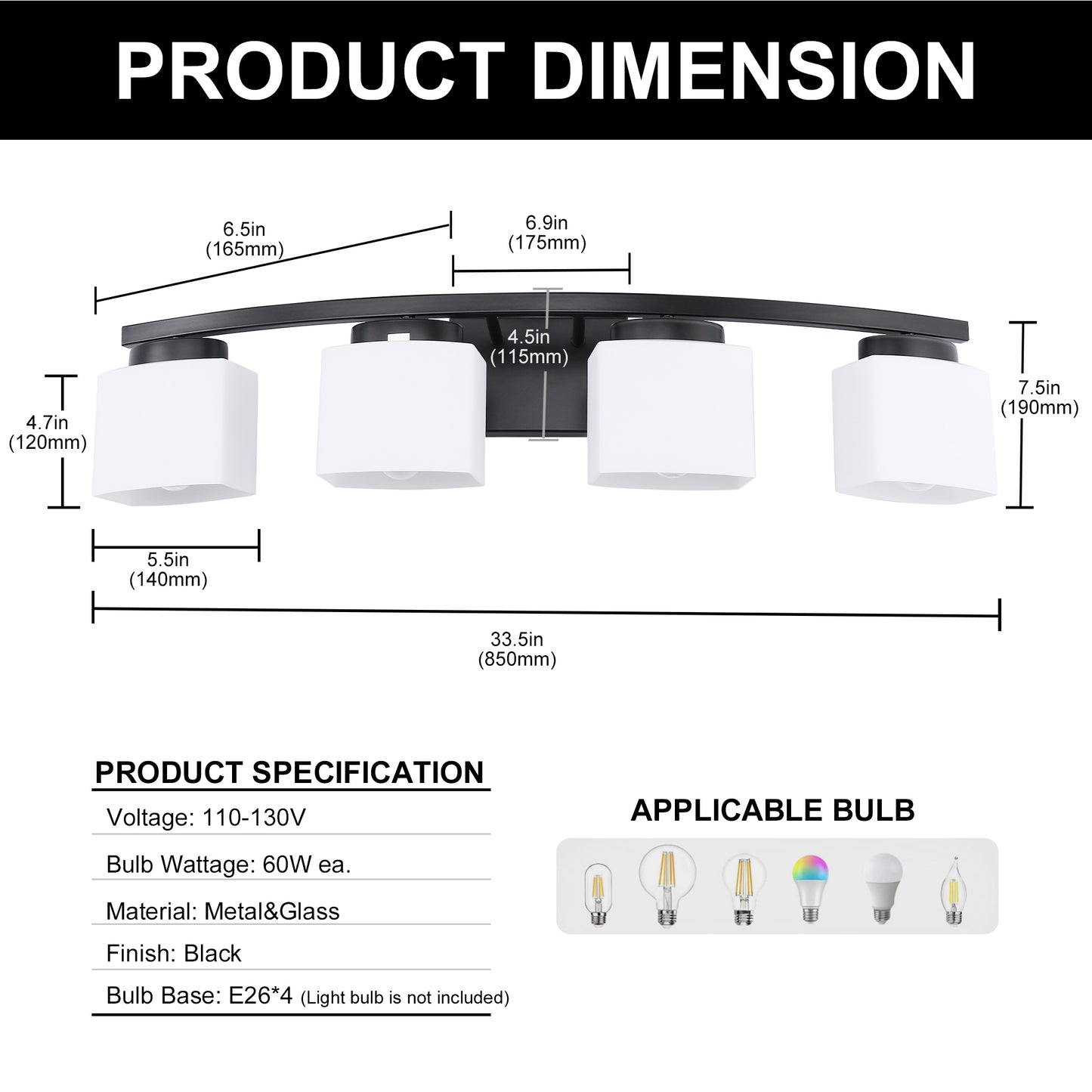 33.5 in. 4-Light Black Modern Square Vanity Light for Bathroom, Bedroom with Curved Arms and Milk White Glass Shades