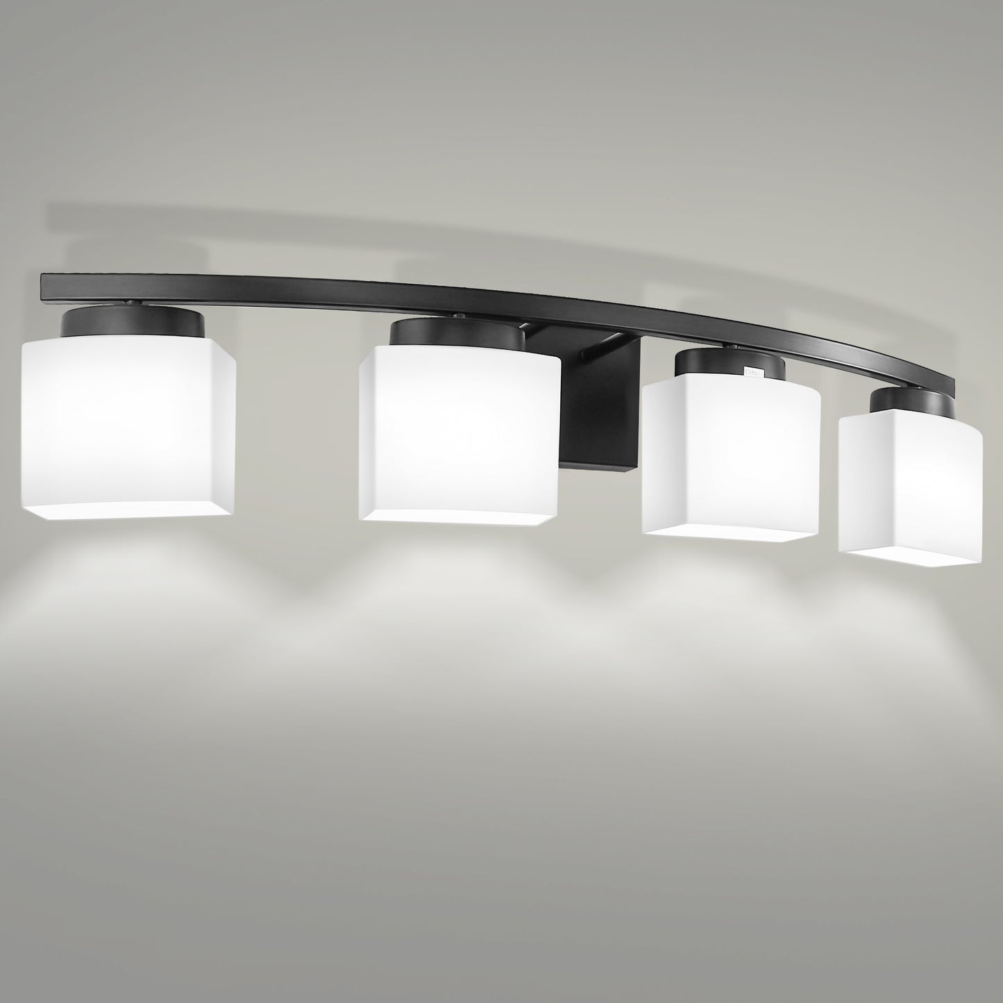 33.5 in. 4-Light Black Modern Square Vanity Light for Bathroom, Bedroom with Curved Arms and Milk White Glass Shades