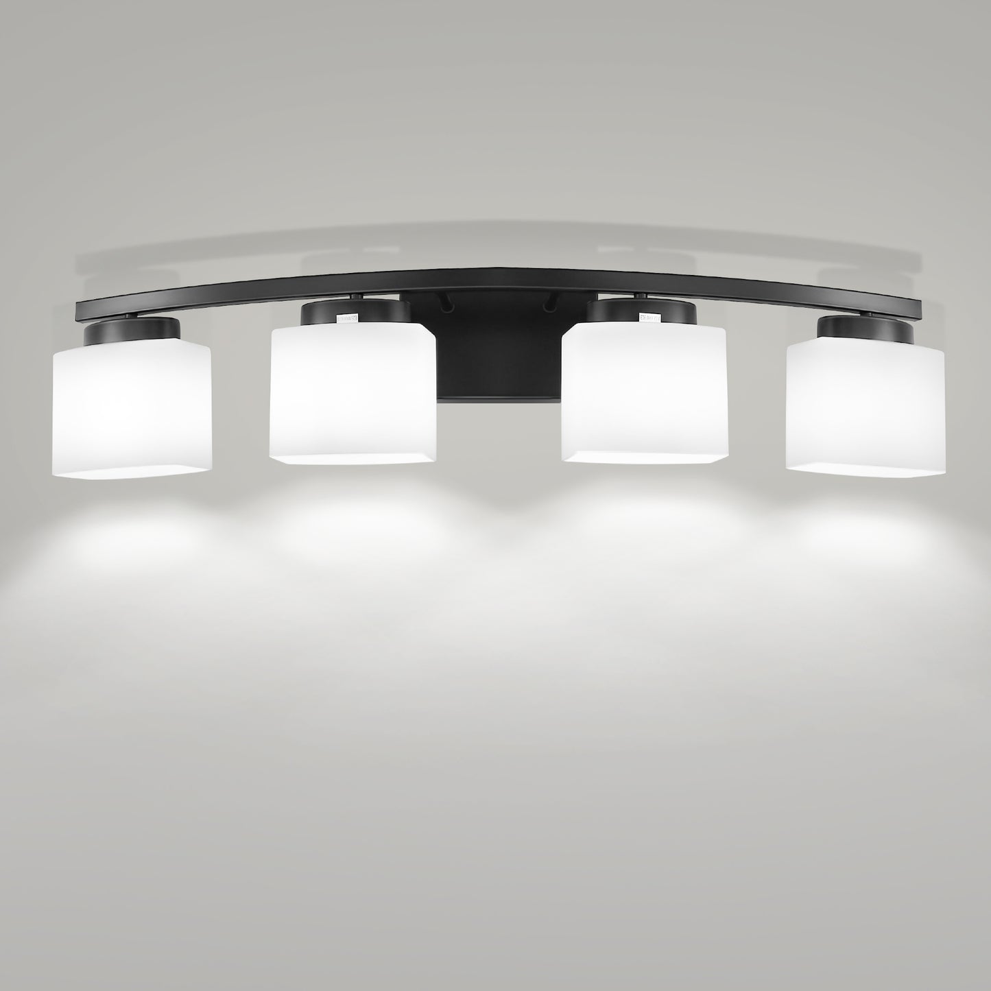 33.5 in. 4-Light Black Modern Square Vanity Light for Bathroom, Bedroom with Curved Arms and Milk White Glass Shades