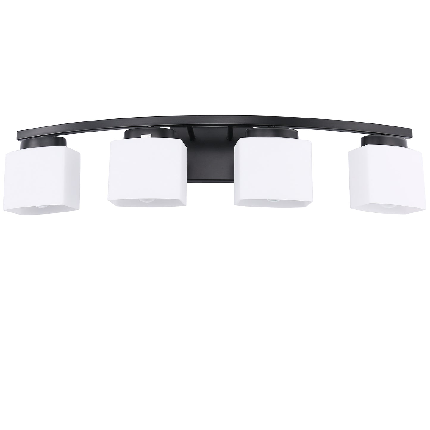 33.5 in. 4-Light Black Modern Square Vanity Light for Bathroom, Bedroom with Curved Arms and Milk White Glass Shades