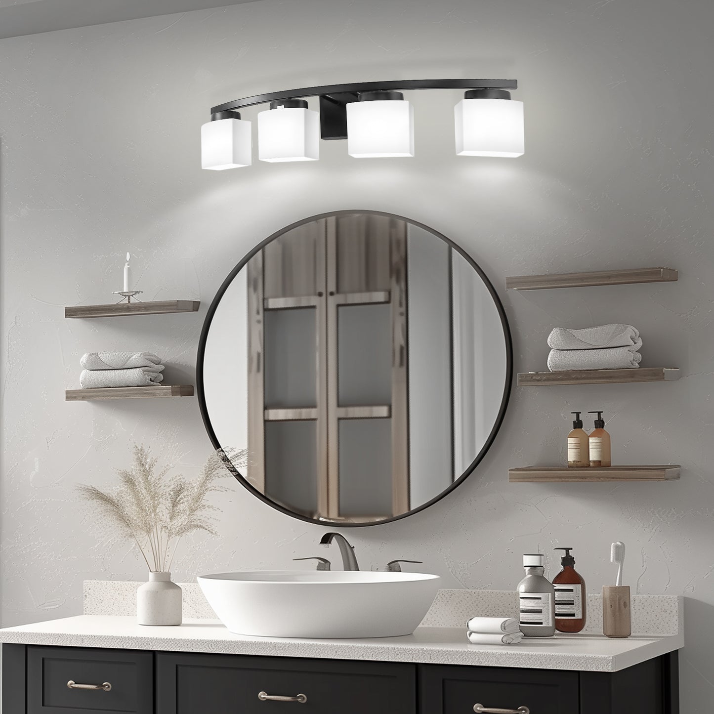 33.5 in. 4-Light Black Modern Square Vanity Light for Bathroom, Bedroom with Curved Arms and Milk White Glass Shades
