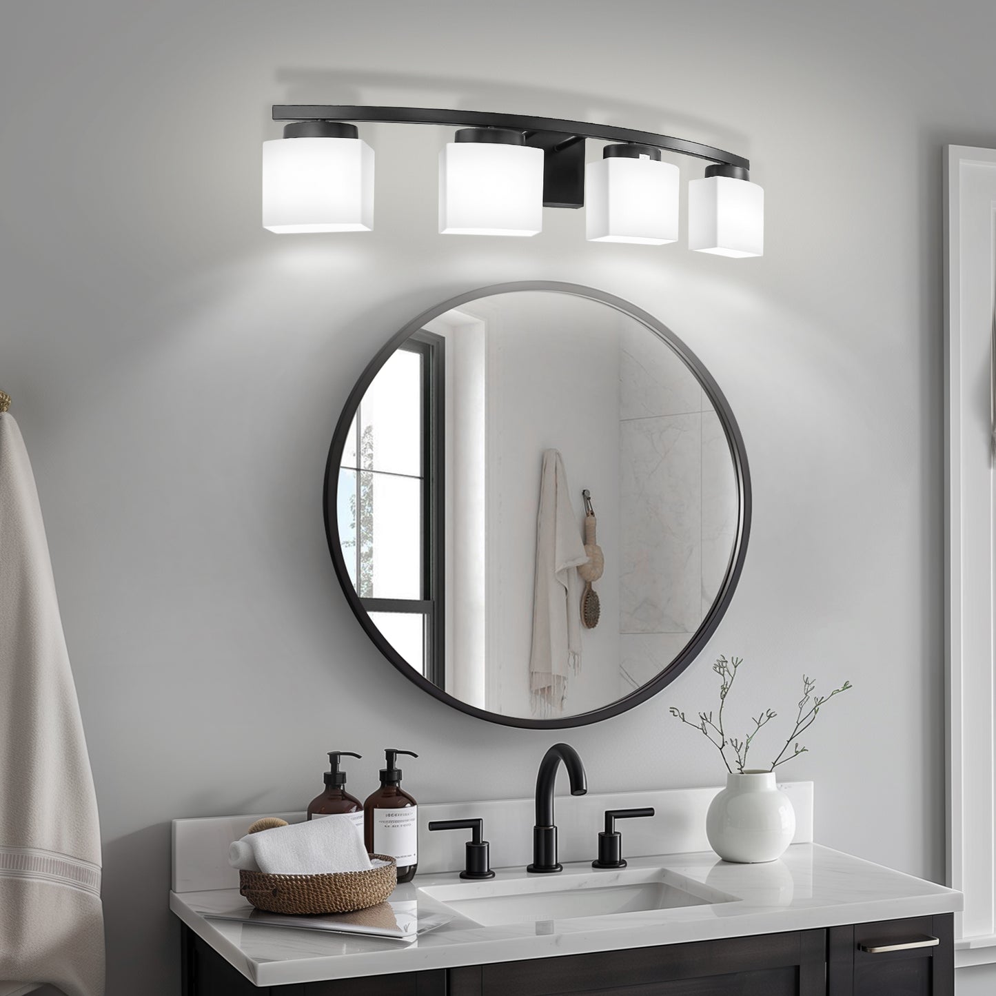 33.5 in. 4-Light Black Modern Square Vanity Light for Bathroom, Bedroom with Curved Arms and Milk White Glass Shades