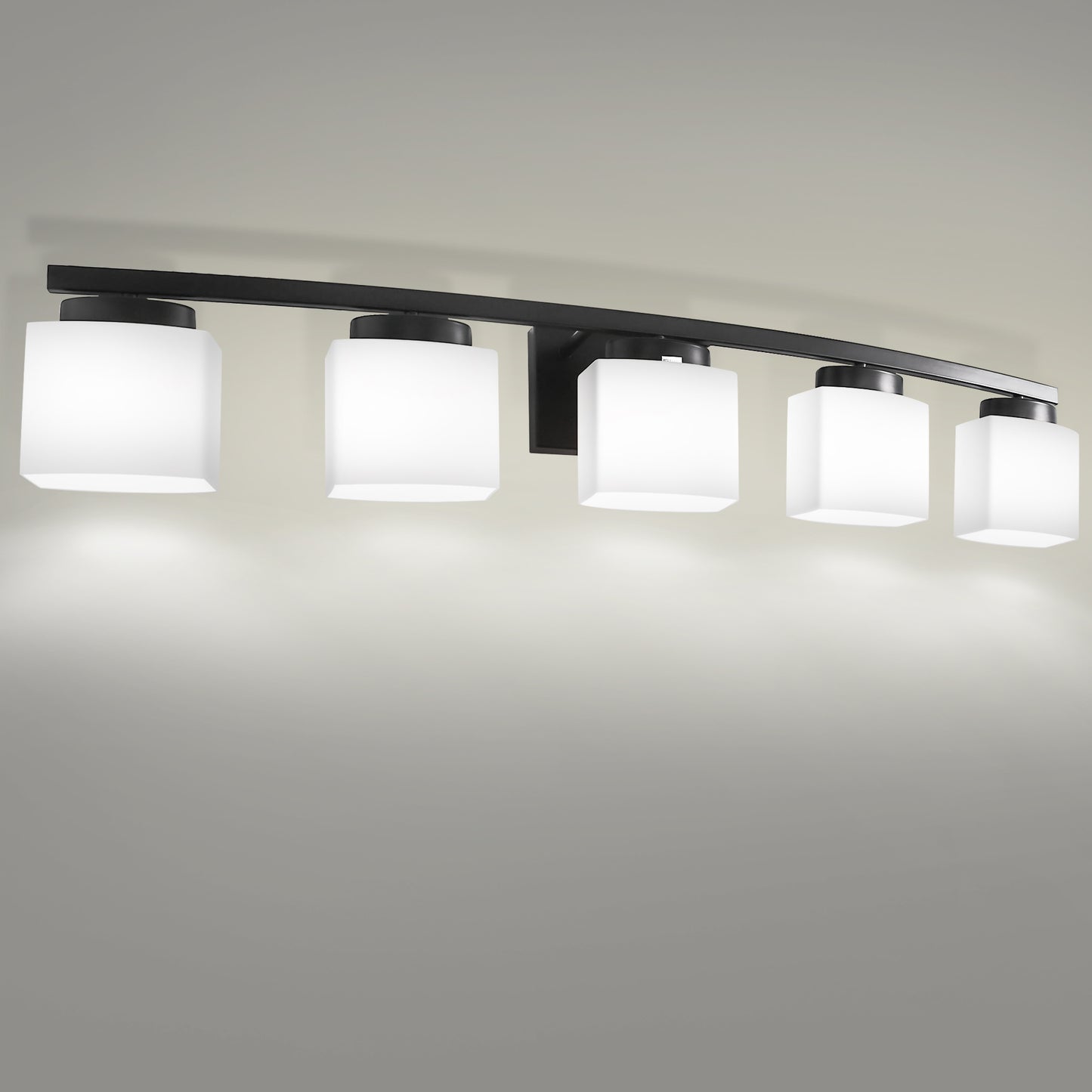 41 in. 5-Light Matte Black Modern Industrial Square Vanity Light for Bathroom with Curved Arms and Milk White Shades