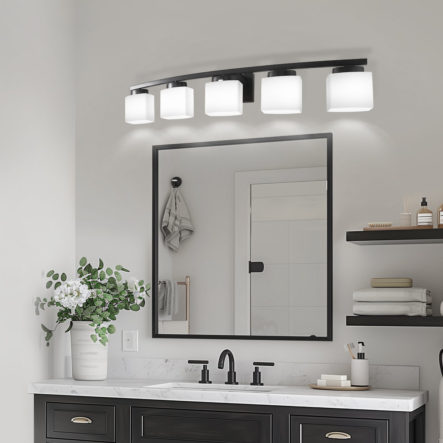 41 in. 5-Light Matte Black Modern Industrial Square Vanity Light for Bathroom with Curved Arms and Milk White Shades