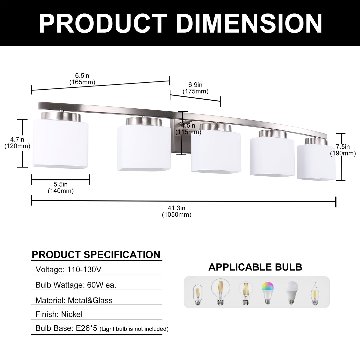 41 in. 5-Light Nickel Modern Square Vanity Light for Bathroom, Bedroom with Curved Arms and Milk White Glass Shades