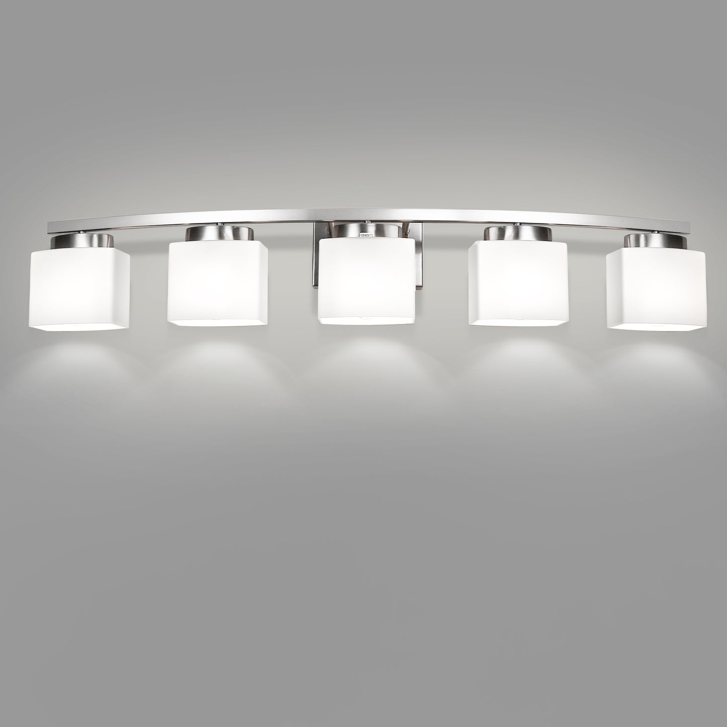 41 in. 5-Light Nickel Modern Square Vanity Light for Bathroom, Bedroom with Curved Arms and Milk White Glass Shades