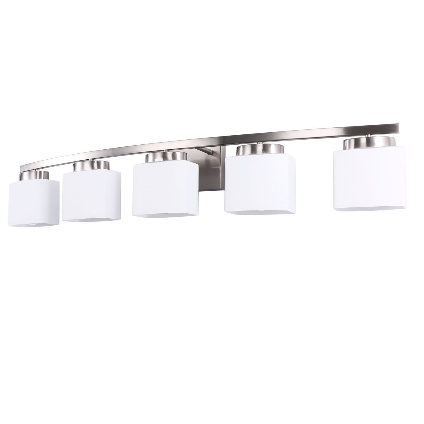 41 in. 5-Light Nickel Modern Square Vanity Light for Bathroom, Bedroom with Curved Arms and Milk White Glass Shades