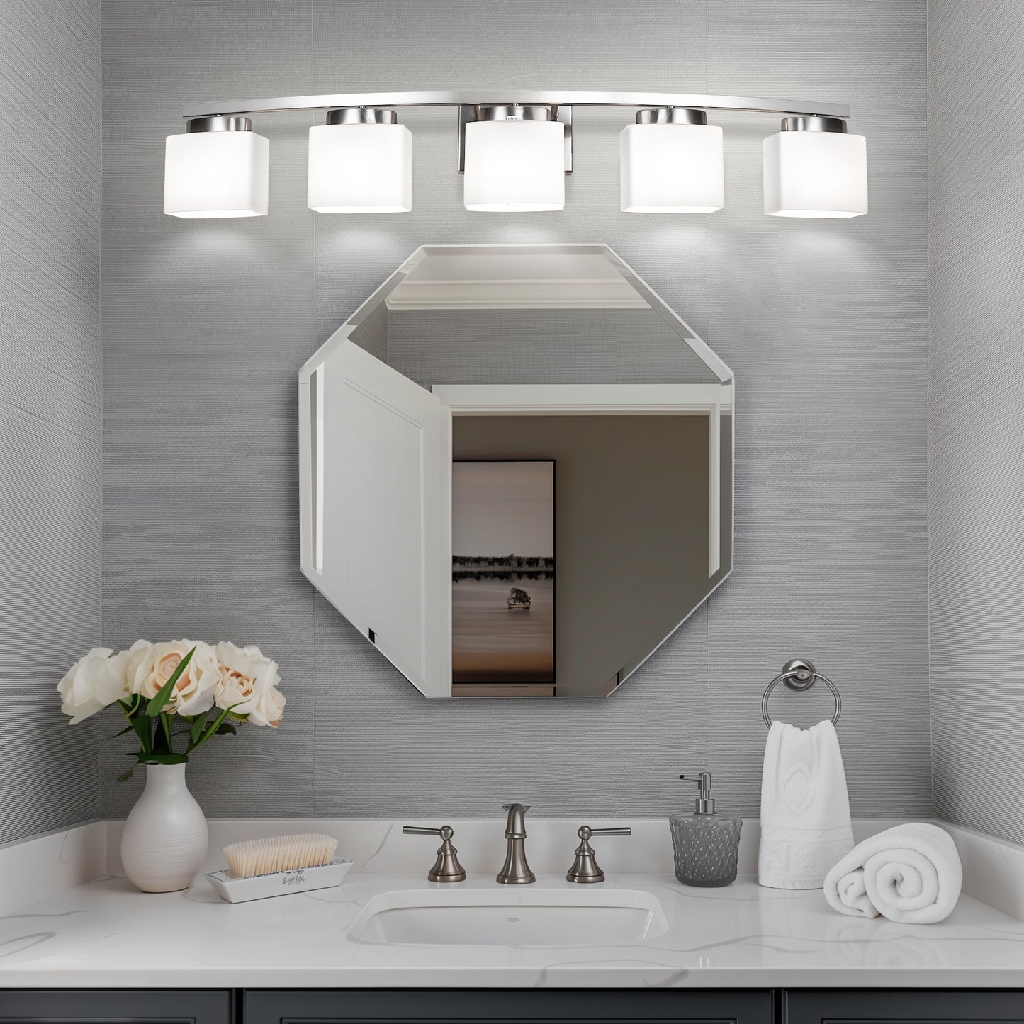 41 in. 5-Light Nickel Modern Square Vanity Light for Bathroom, Bedroom with Curved Arms and Milk White Glass Shades