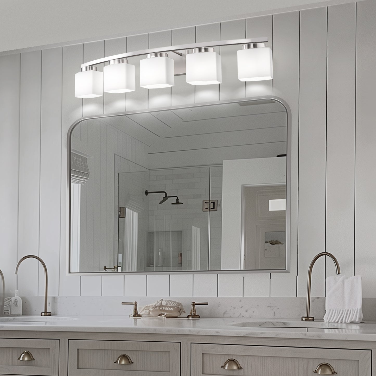 41 in. 5-Light Nickel Modern Square Vanity Light for Bathroom, Bedroom with Curved Arms and Milk White Glass Shades